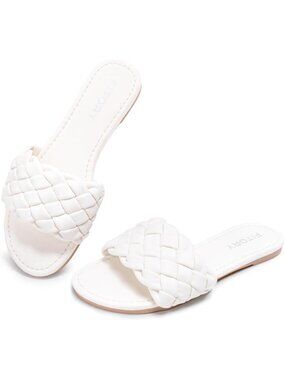 Women's White Flat Sandals Fashion Round Open Toe Slip On Slides with Strap